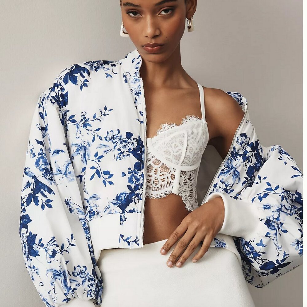 NWT Anthropologie Cropped Floral Print Bomber Jacket Color: BLUE MOTIF BLUE MOTI